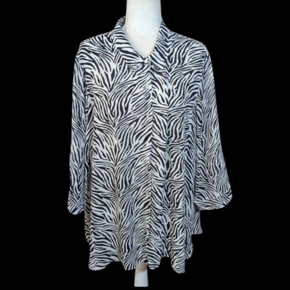 Rose & Olive Black/White Button Up 3/4 Sleeve Zebra Pattern Blouse Sz 3X - Picture 1 of 8
